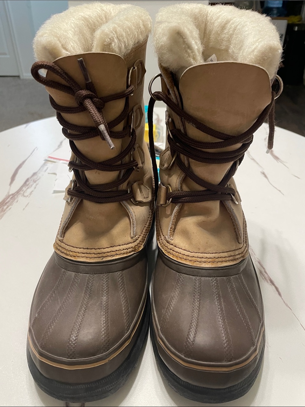 SOREL EDDY BAUER Insulated Snow Boots in Brown and Tan Sz 7 made in Canada.